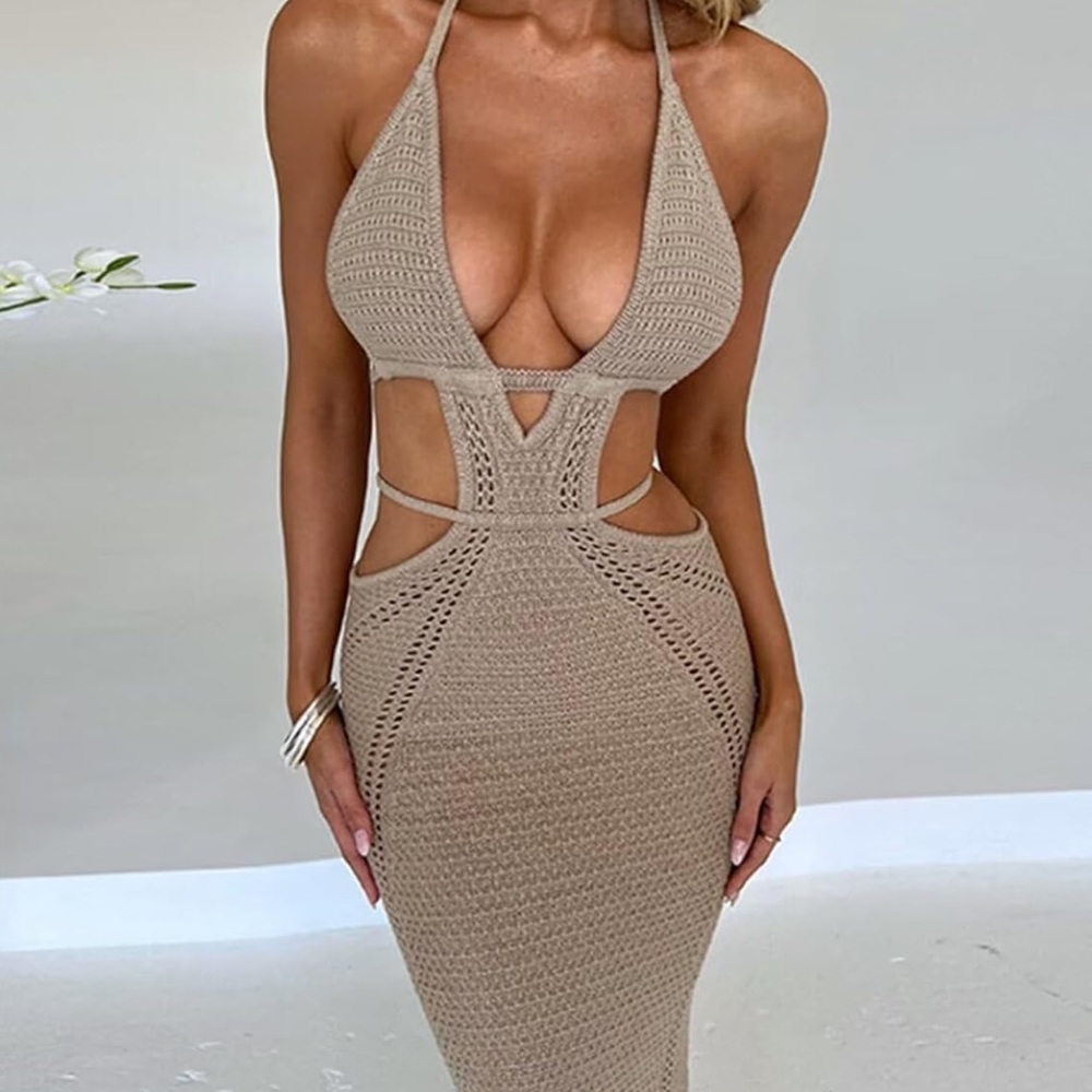 Ryehack Womens Halter Crochet Summer Dress (Sleeveless, Backless, V Neck, Maxi)